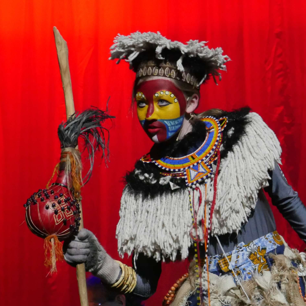 An individual dressed in an elaborate costume.